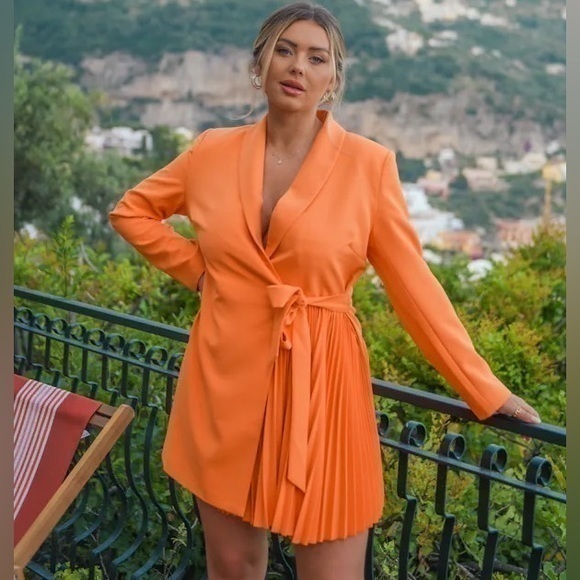 Orange Pleated Blazer Party Brunch Vacation Wedding Guest Dress - Picture 2 of 9